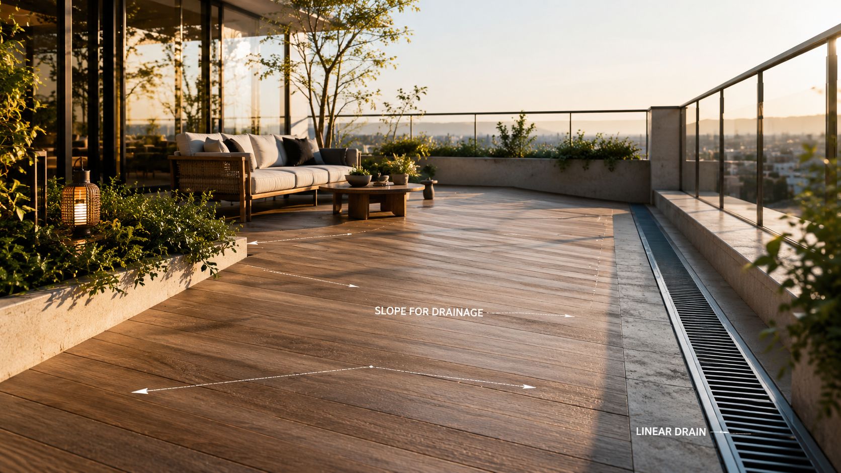Moderne tagterrasse med trægulv, indbygget dræn, komfortable havemøbler og en smuk udsigt over byens skyline ved solnedgang.