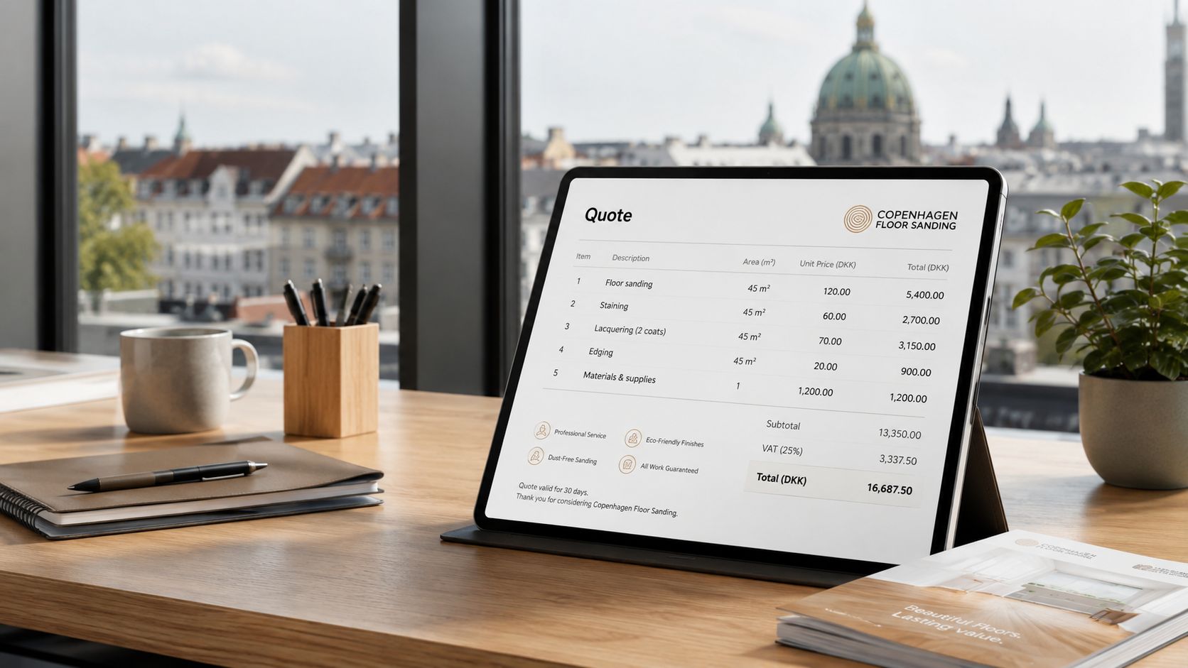 En tablet viser et prisoverslag for gulvafslibning fra Copenhagen Floor Sanding på et skrivebord med udsigt.
