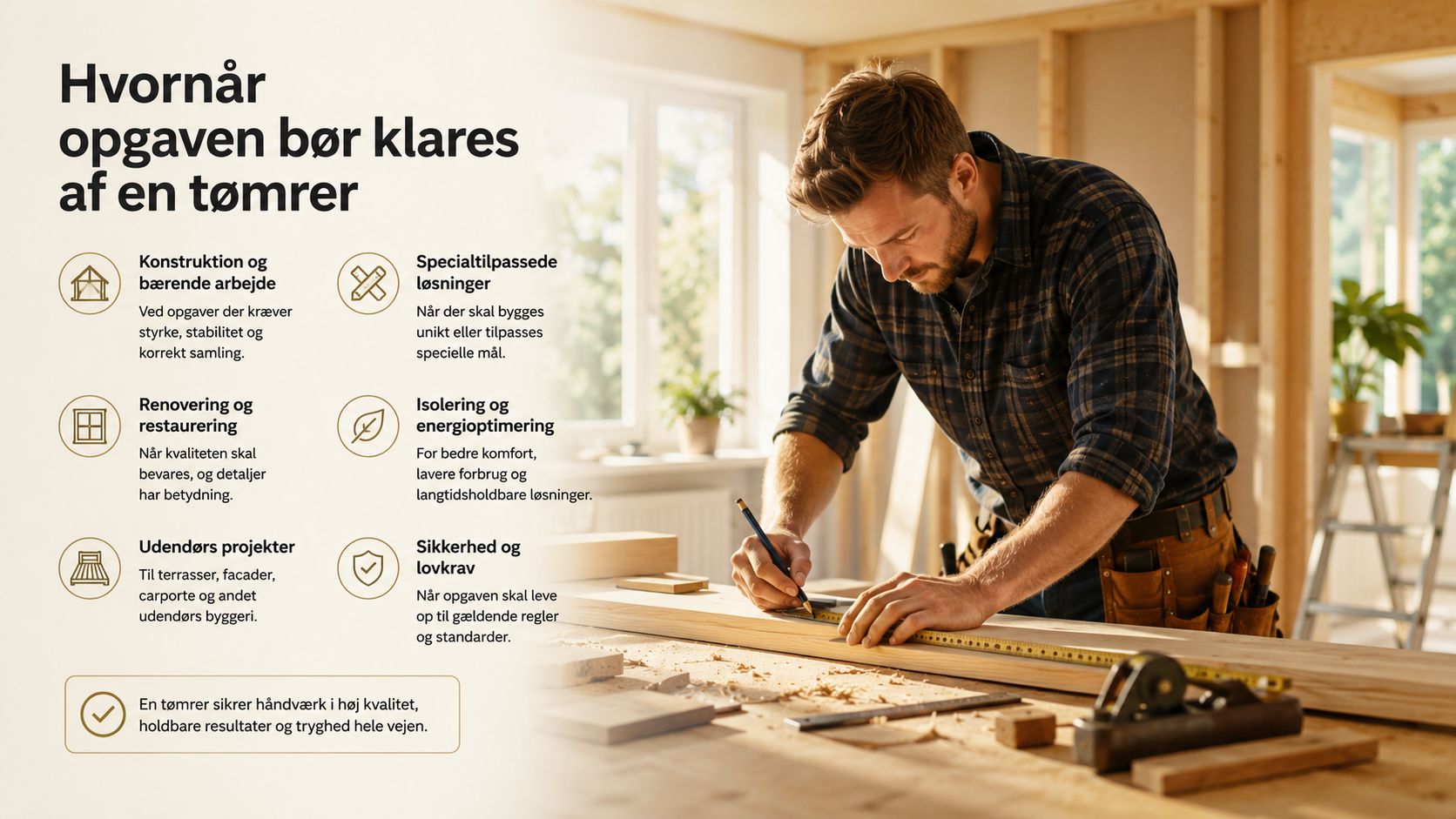 En tømrer måler og markerer et træbræt på en arbejdsplads under en renovering eller byggeopgave.