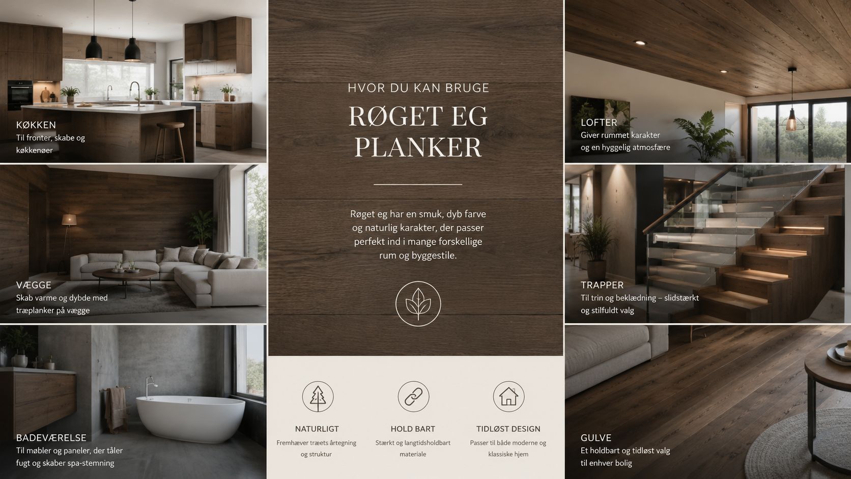 Inspirationscollage med røget eg planker anvendt til køkken, vægge, lofter, trapper, badeværelse og gulve i moderne boligindretning.