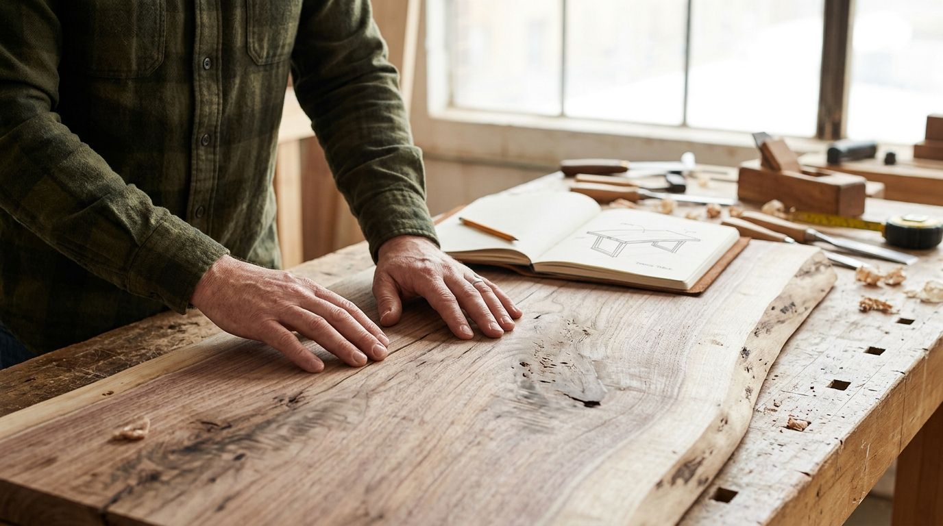 En snedker arbejder ved sin arbejdsbænk med en rustik træplade og en skitseblok af et bord.