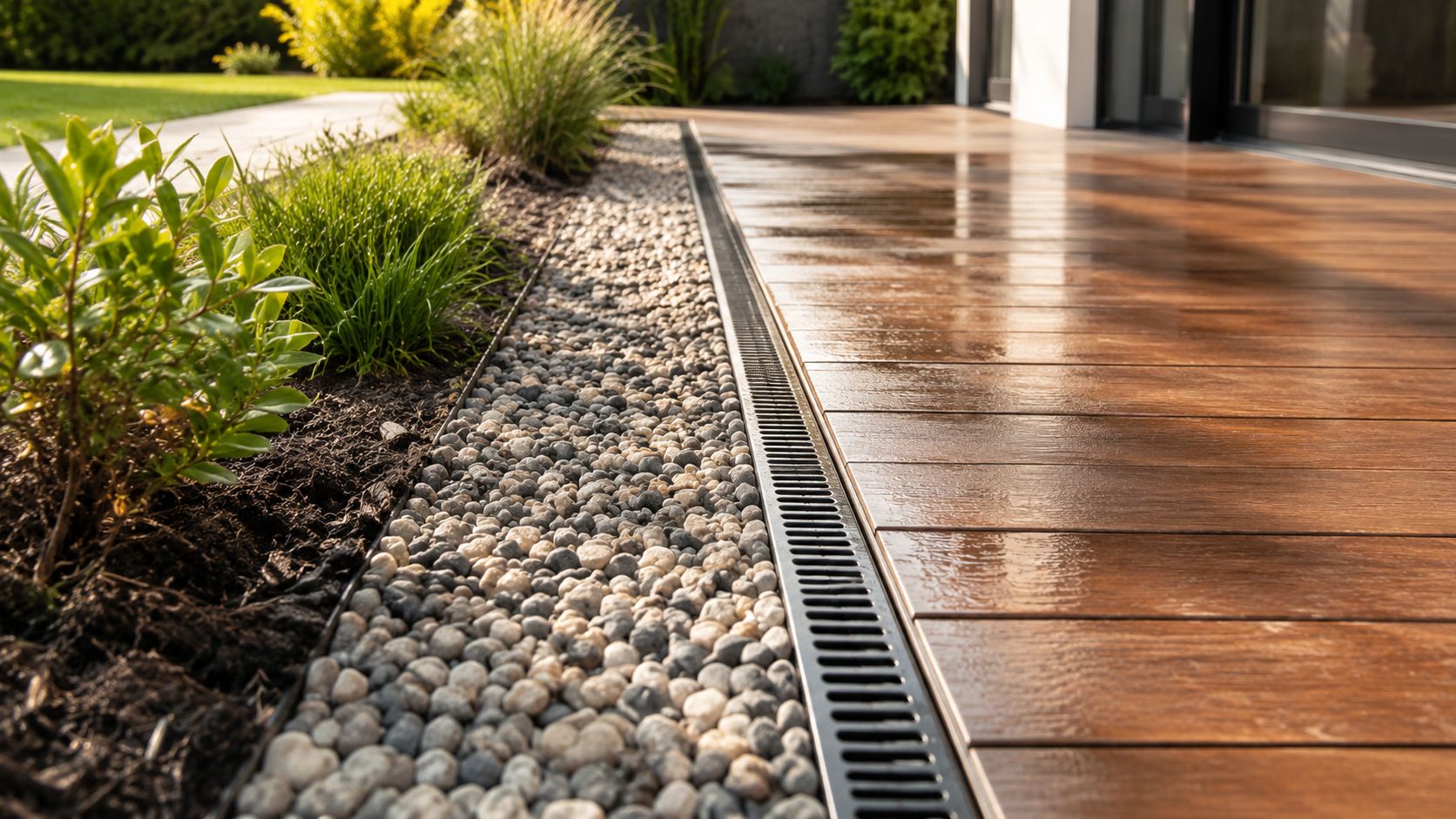 Moderne træterrasse med en integreret drænrende og stenbed, der sikrer effektiv afvanding ved husets facade.