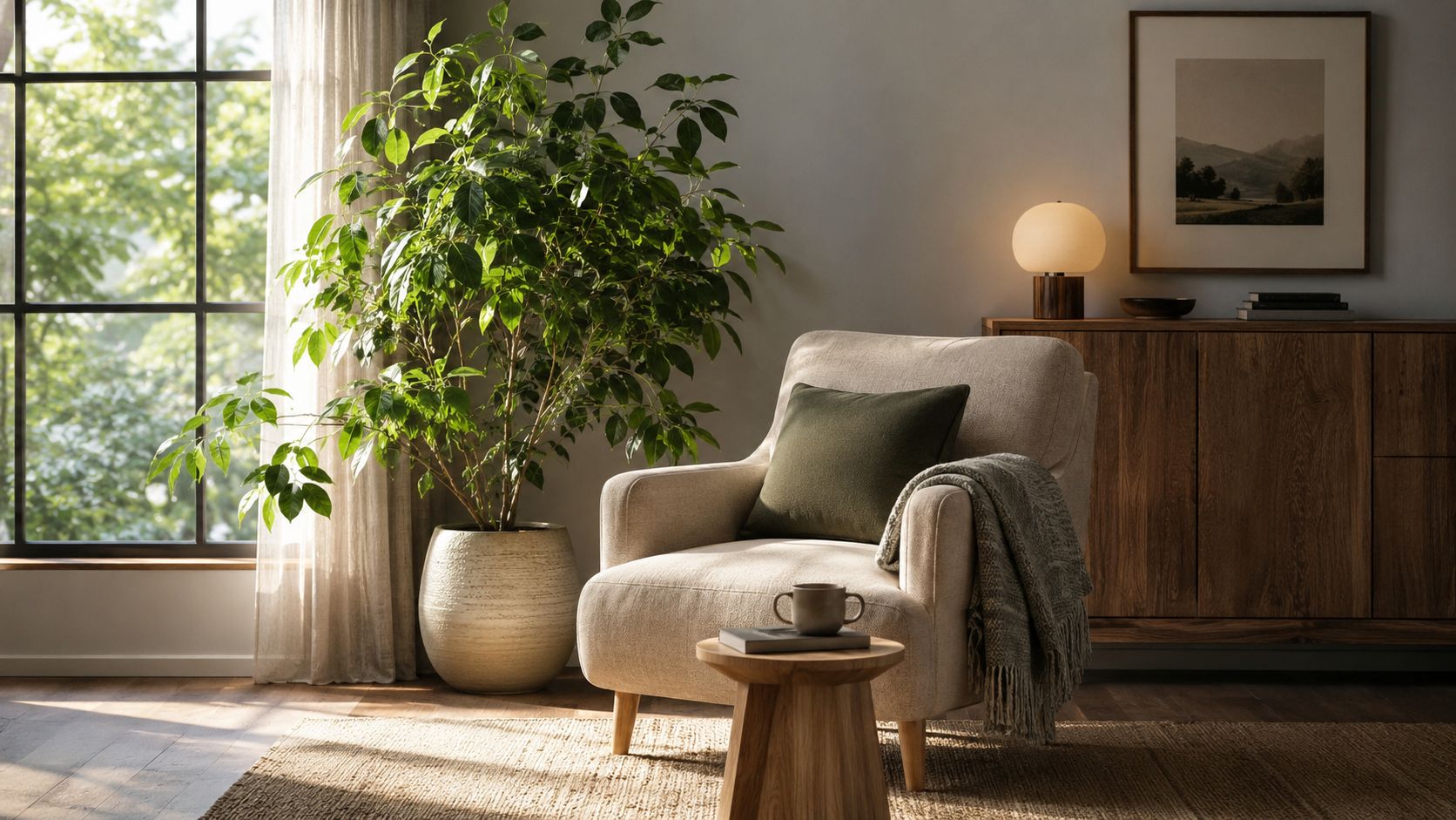 En hyggelig lænestol placeret ved et vindue med en stor plante, perfekt for et godt indeklima.