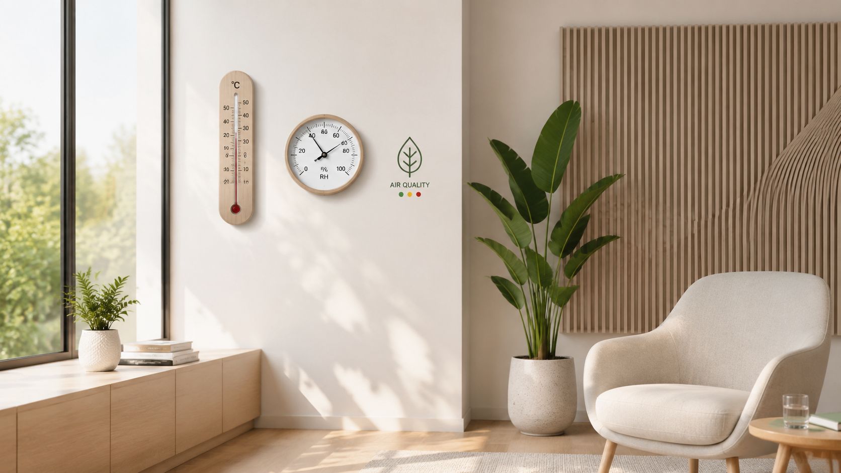 Moderne stue med vægmonteret termometer og hygrometer, der måler temperatur, luftfugtighed og luftkvalitet for et sundt indeklima.