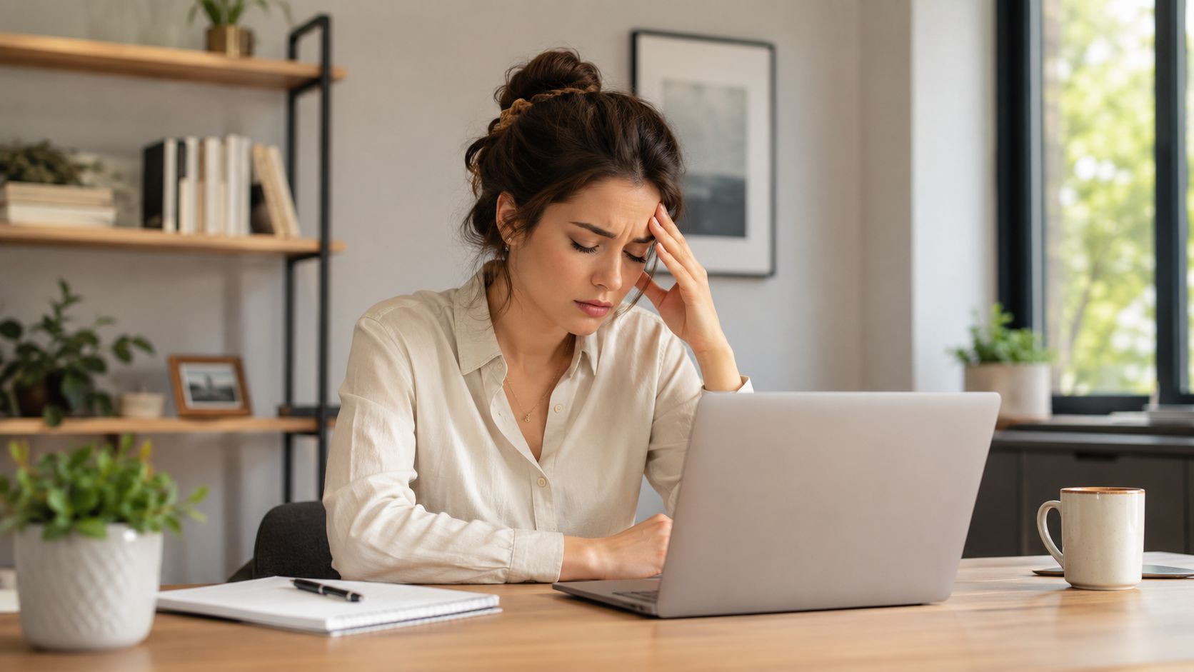 En stresset kvinde sidder ved sit skrivebord og ser bekymret på sin bærbare computer i et kontor.
