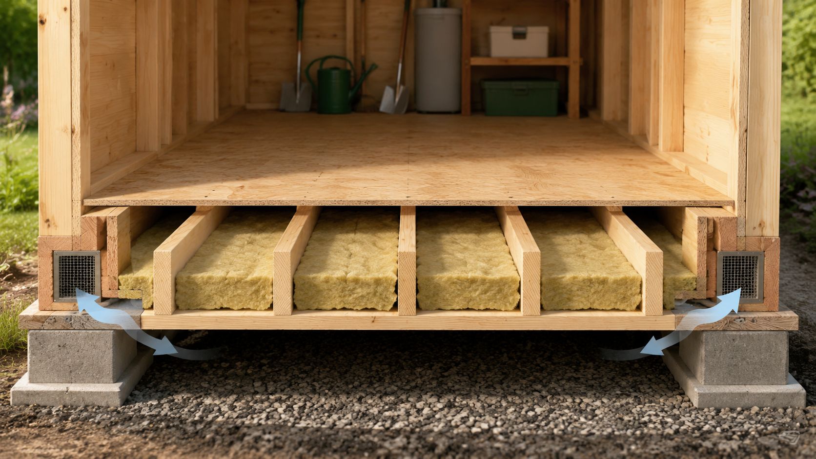 Et tværsnit af et isoleret trægulv i et skur, der viser ventilationsmuligheder og konstruktionsdetaljer over et fundament.