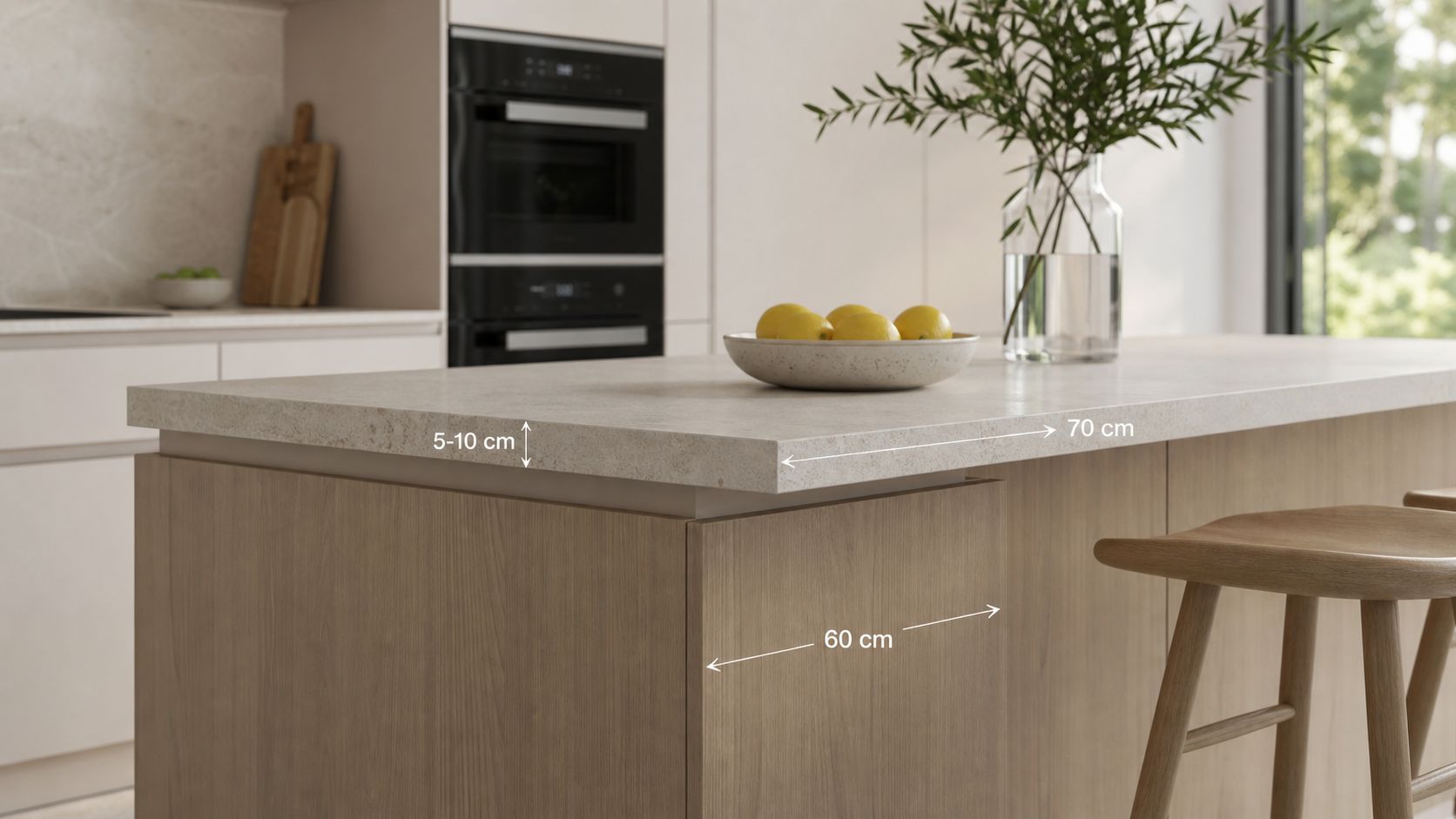 Et moderne køkken med en lys stenbordplade på 70 cm dybde og en træø i et minimalistisk design.