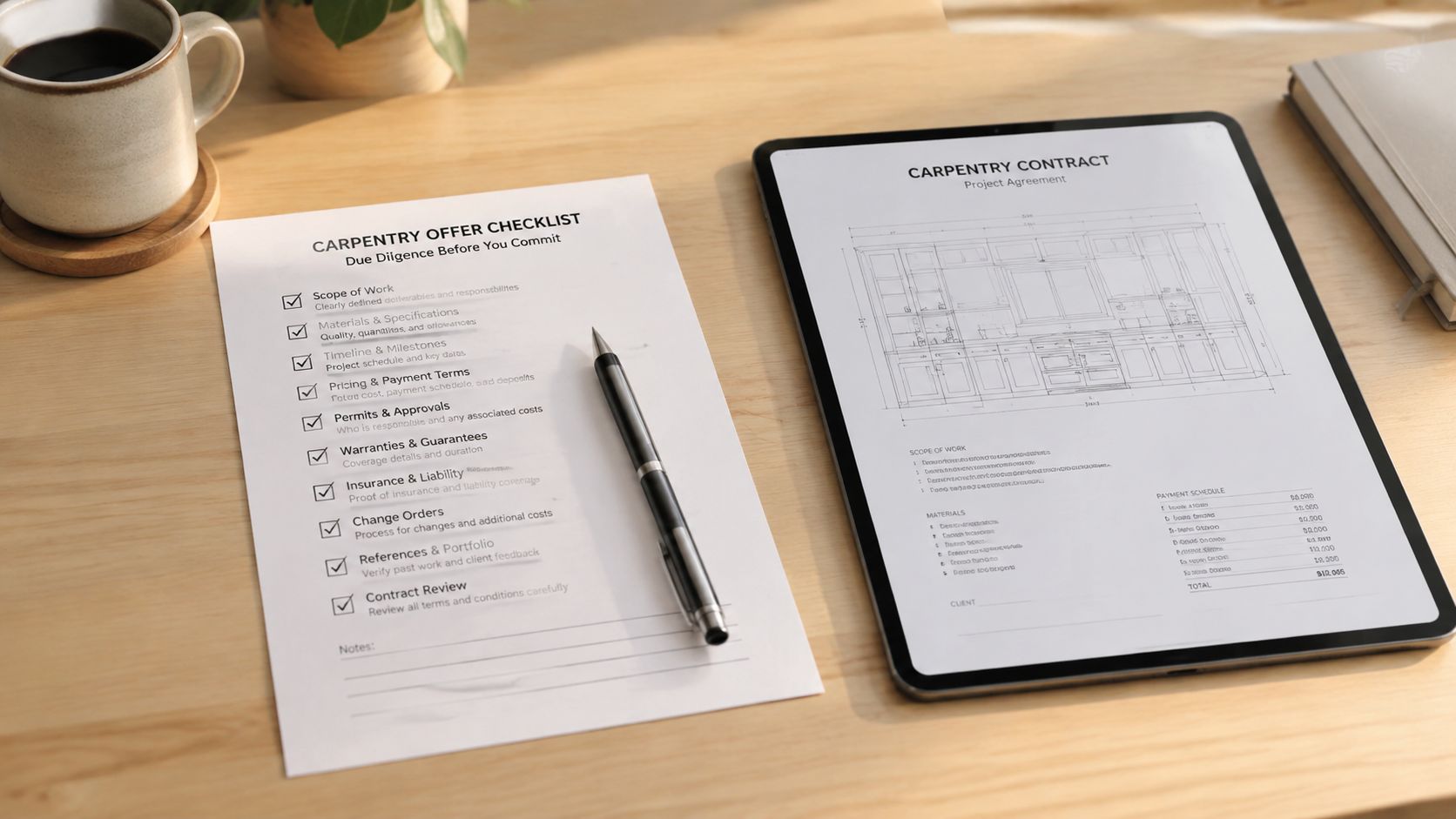 Et skrivebord med en tømrer-tjekliste og en tablet, der viser en kontrakt for et snedkerarbejde til boligen.