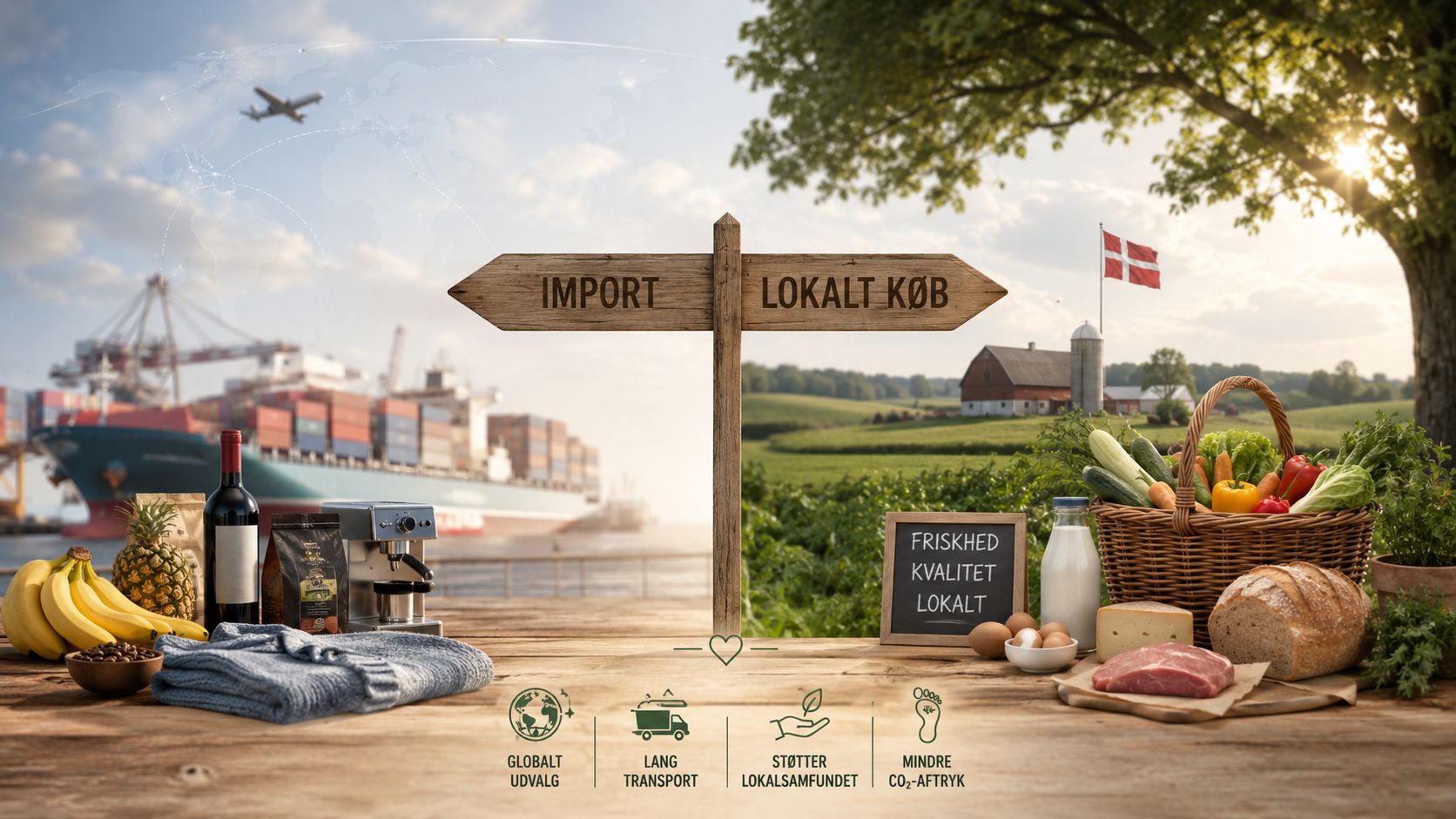 Et træskilt der viser valget mellem global import og lokalt køb af friske fødevarer og produkter.