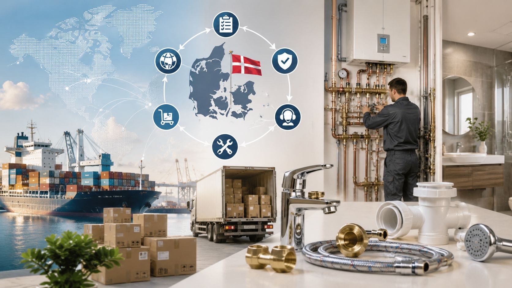 En tekniker arbejder på et vvs-anlæg med fokus på global import og logistik af danske vvs-løsninger.