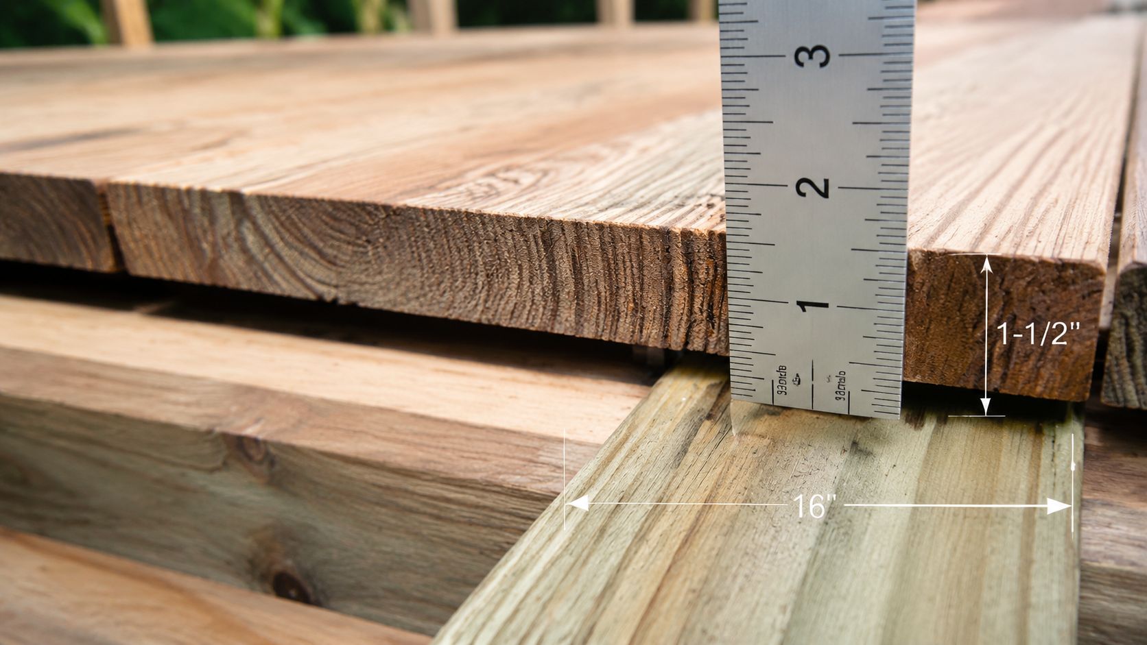 Et tømrerbåndmål viser tykkelsen på en terrasseplanke, mens en anden planke angiver en afstand på seksten tommer.