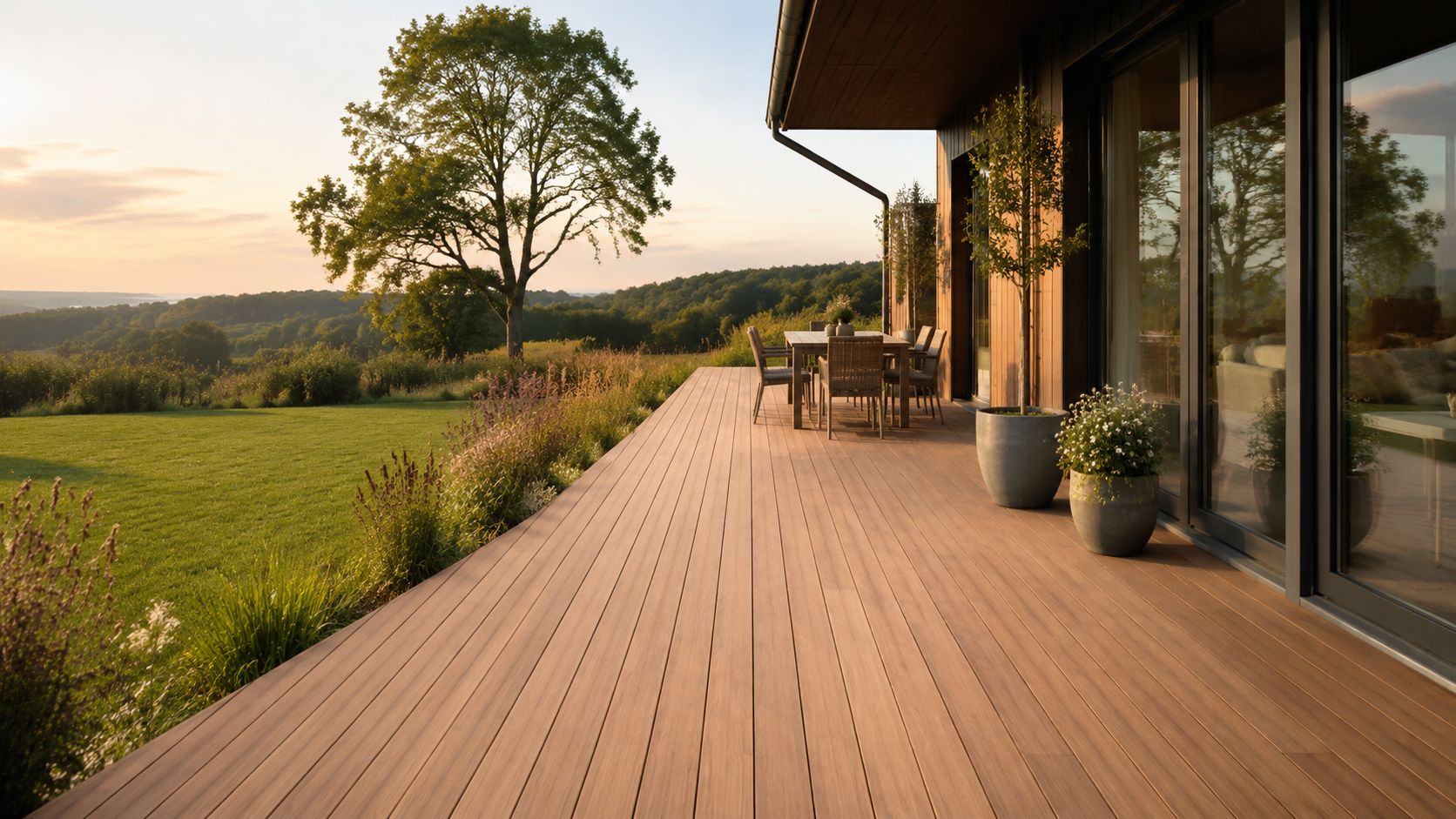 En moderne træterrasse med spiseplads og udsigt til en frodig have og skovklædte bakker ved solnedgang.