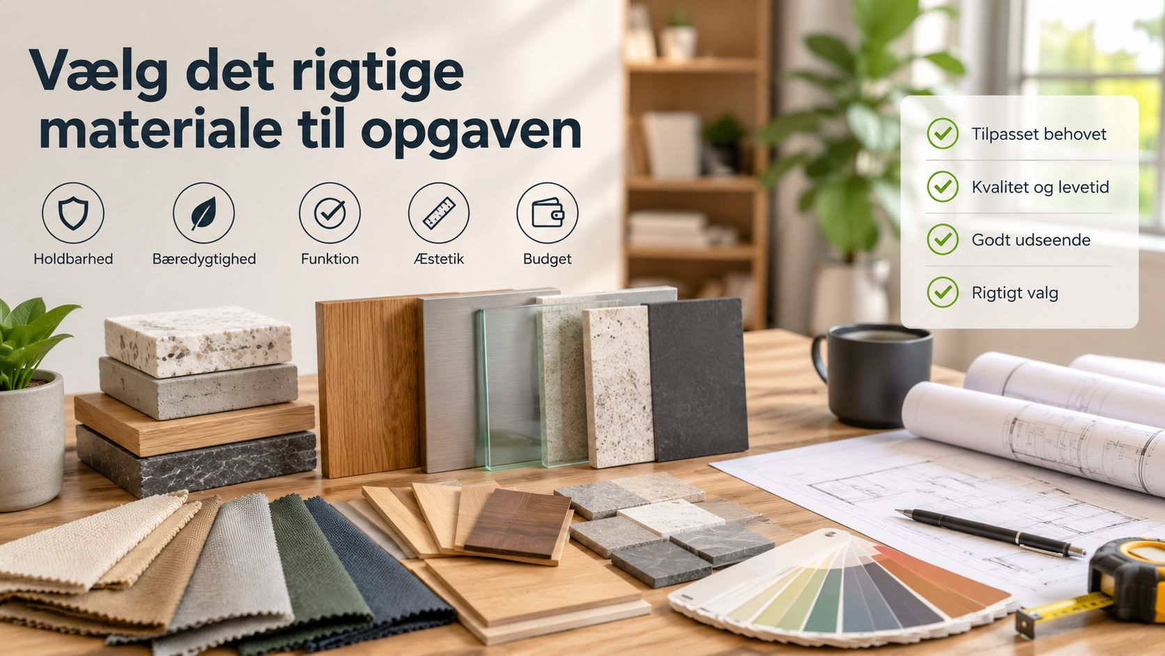 Et skrivebord med forskellige materialeprøver, plantegninger og farvekort til professionel valg af byggematerialer og indretning.