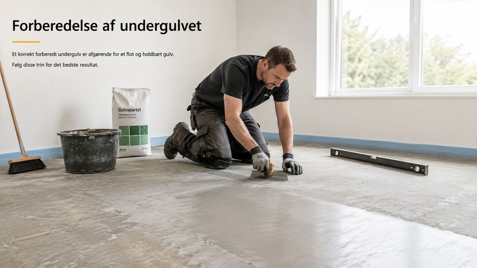 En håndværker spartler et betongulv jævnt som forberedelse til lægning af nyt vinylgulv i et lyst rum.