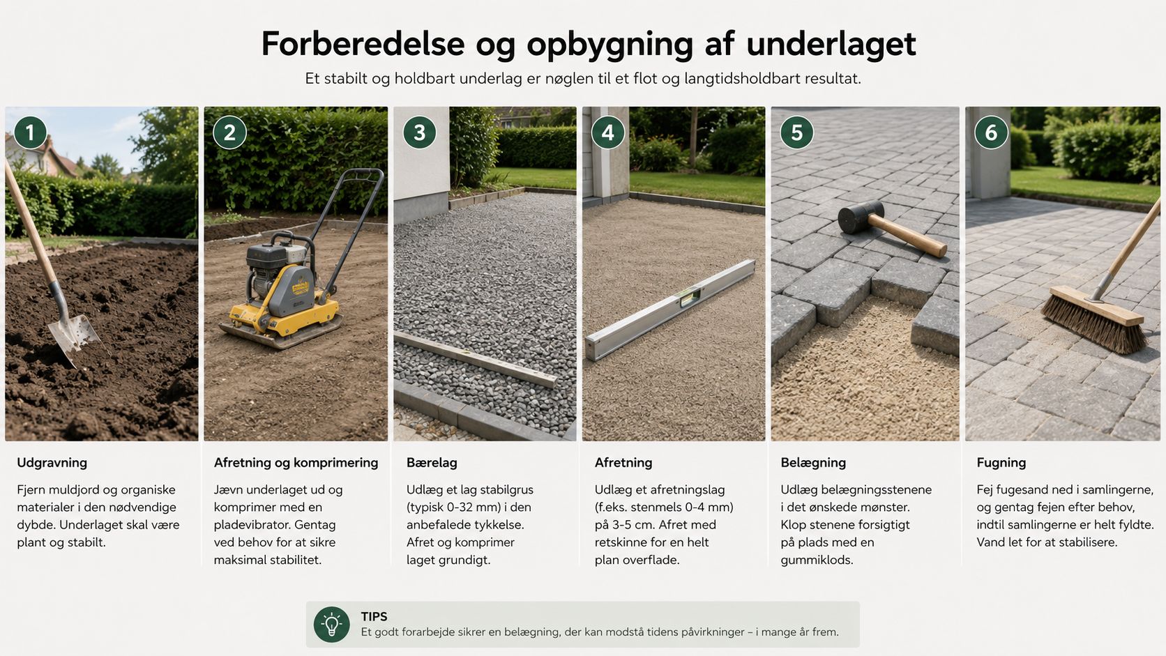En guide i seks trin til korrekt forberedelse af underlag og etablering af belægning med fliser.