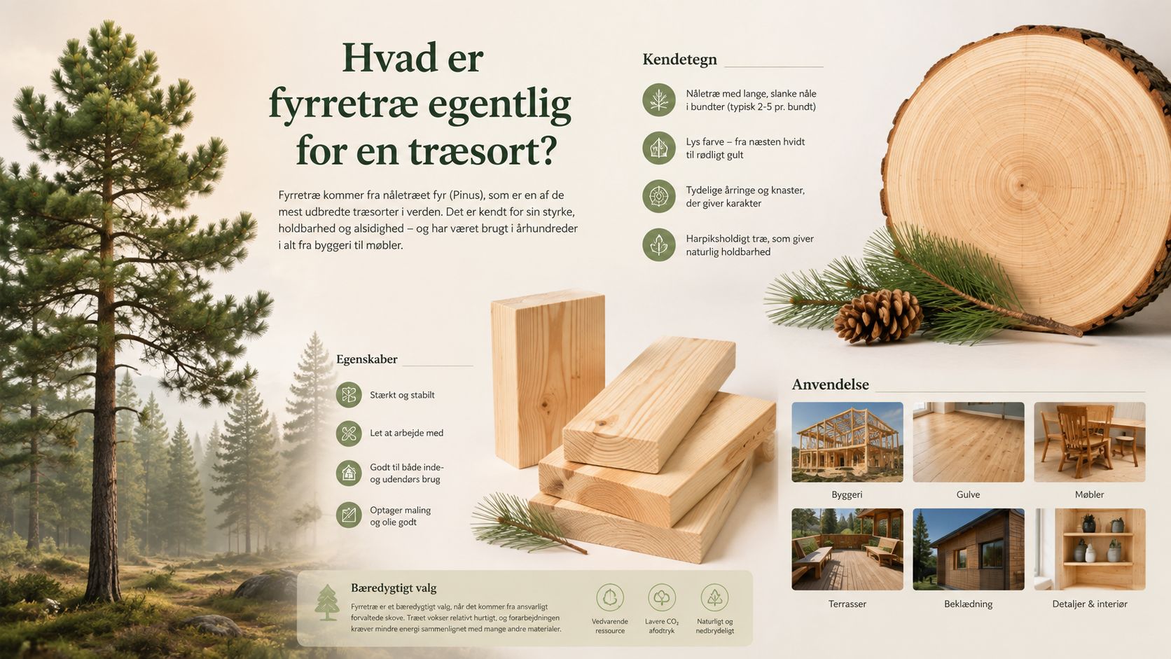 En informativ infografik om fyrretræ, der beskriver dets kendetegn, egenskaber, bæredygtige fordele og anvendelsesmuligheder i hverdagen.