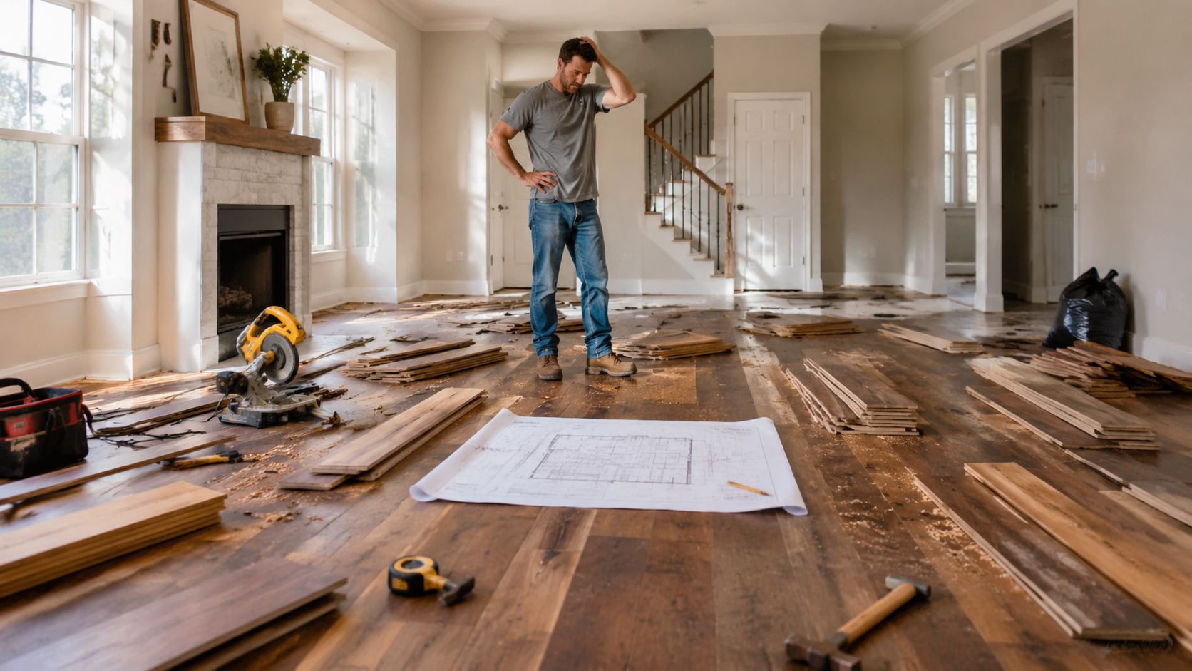En håndværker står forvirret i et hus under renovering og kigger på plantegninger over det nye gulv.