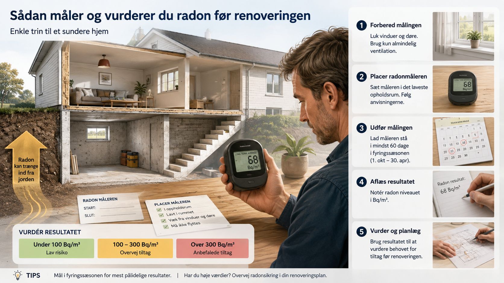 En guide til hvordan du måler og vurderer radonniveauet i din bolig før en forestående renovering.