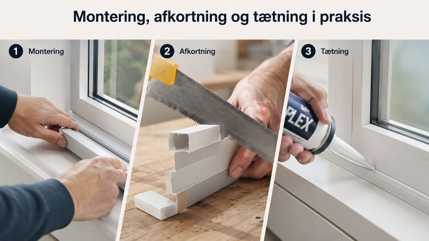 Illustration af montering, afkortning og tætning af en vinduesplade lavet af massivt træ i et hjem.