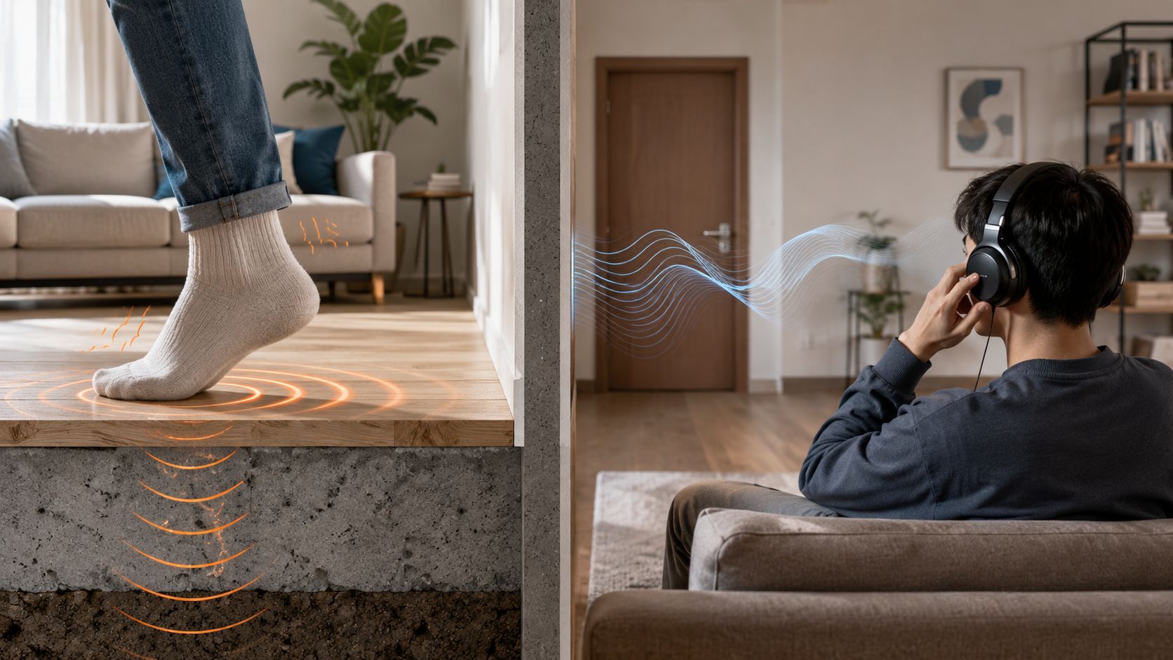 En person går på gulvet, mens vibrationerne forplanter sig og forstyrrer en anden person, der sidder med høretelefoner.