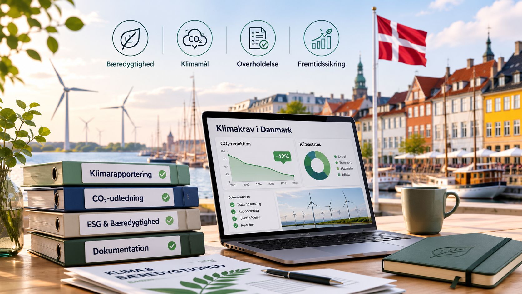 En bærbar computer med klimarapportering og bæredygtighedsdokumenter ved en havn med vindmøller og et dansk flag.