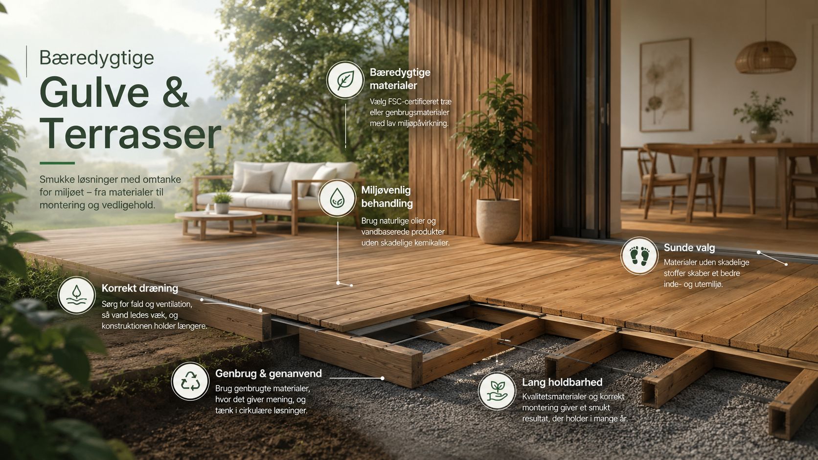Bæredygtig træterrasse der viser korrekt konstruktion, miljøvenlige materialer og fokus på lang holdbarhed for boligejere.