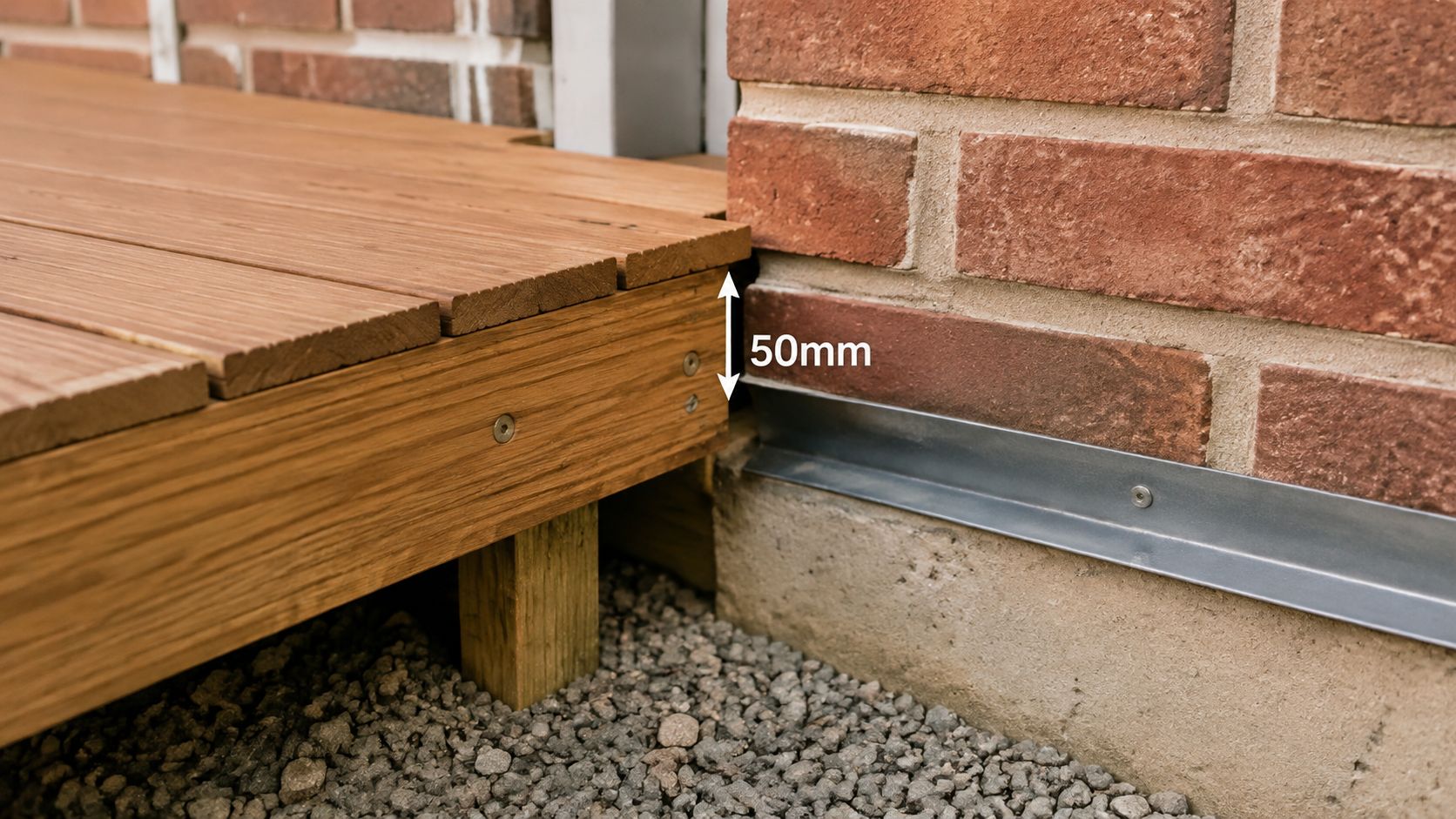 Detaljebillede af en træterrasse der støder op til en murstensvæg med en afstand på 50 mm.