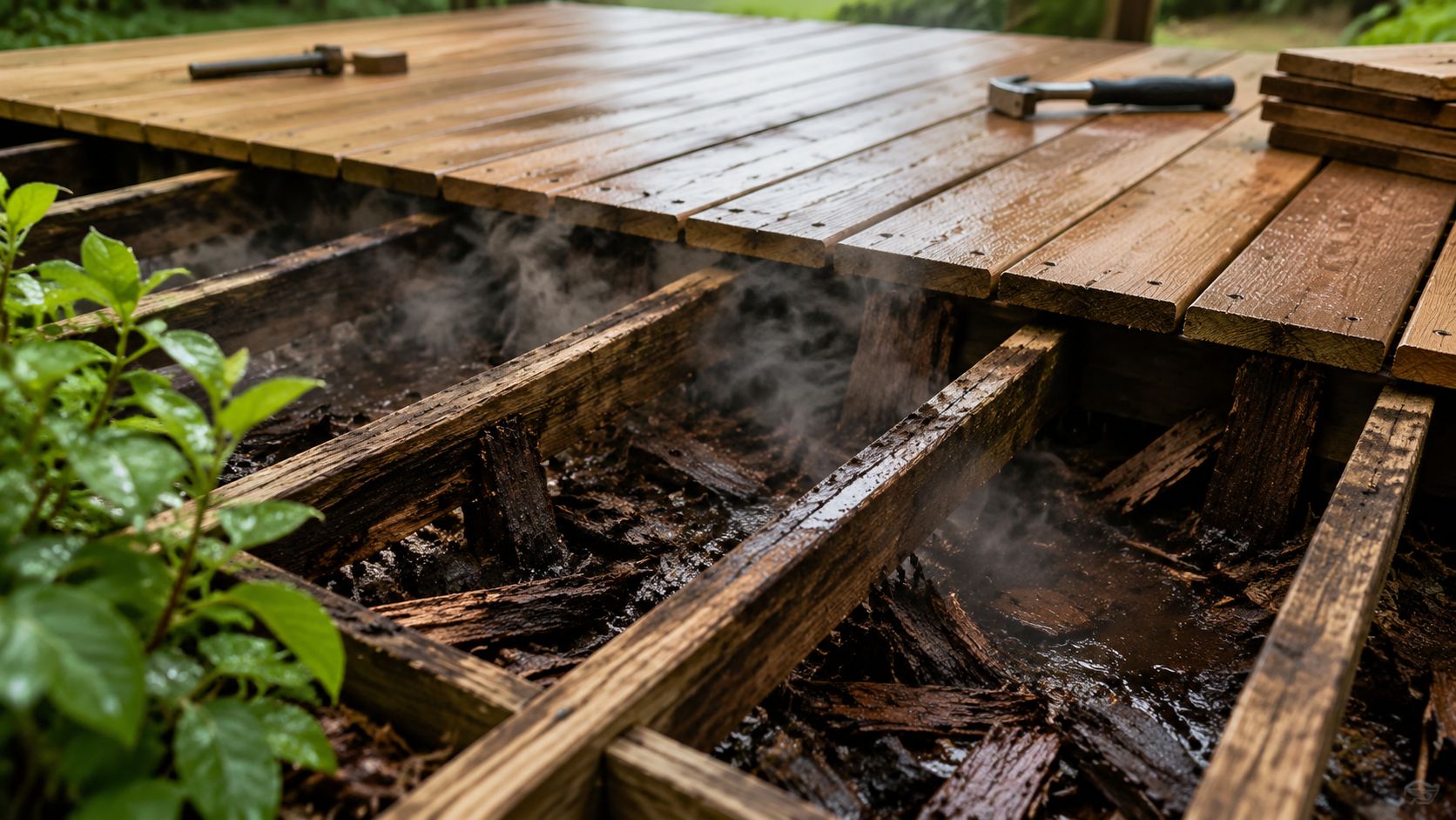 Nærbillede af en terrasse under opbygning med synlige rådne træbjælker og damp, der stiger op fra jorden.