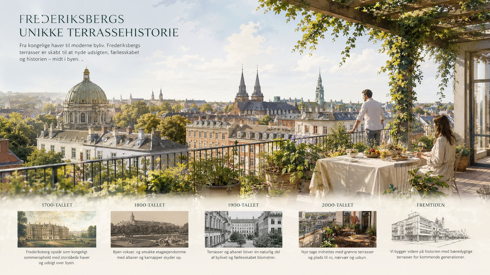 Illustration af historisk udvikling af terrasser og byliv i Frederiksberg med udsigt over Københavns smukke bylandskab.