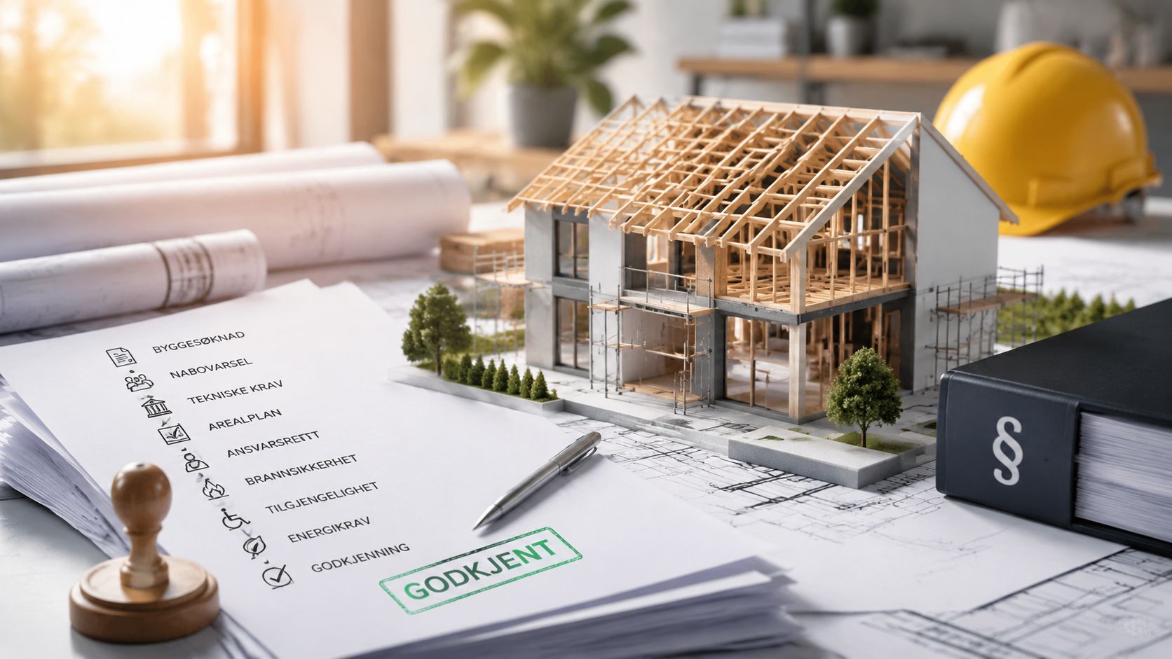 En model af et hus med byggeplaner, godkendelsesstempel og juridiske dokumenter på et arkitektbord.