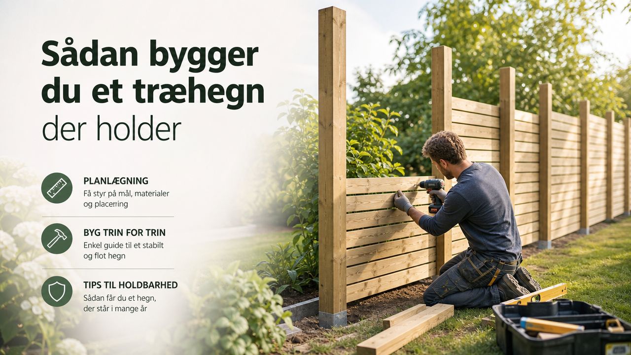En mand knæler på græsset og bygger et træhegn med en skruemaskine i en solrig have.