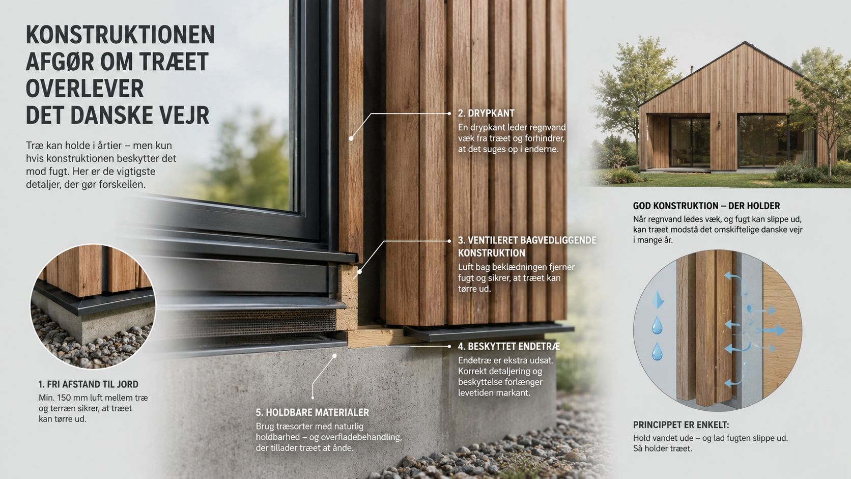 En infografik der viser vigtige konstruktionsprincipper for at beskytte træfacader mod det fugtige danske vejr.