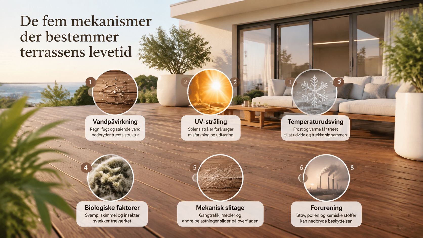 En infografik der viser de seks faktorer, som påvirker holdbarheden og nedbrydningen af en udendørs træterrasse.