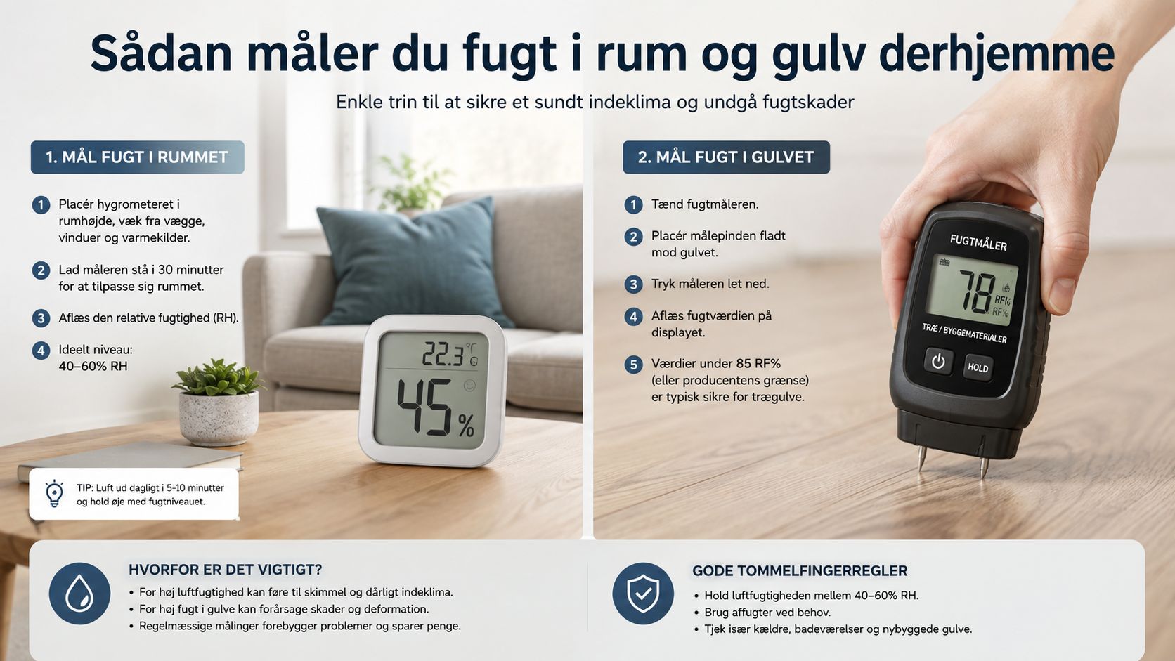 En guide til måling af luftfugtighed i rummet og fugt i trægulve for et sundt indeklima.