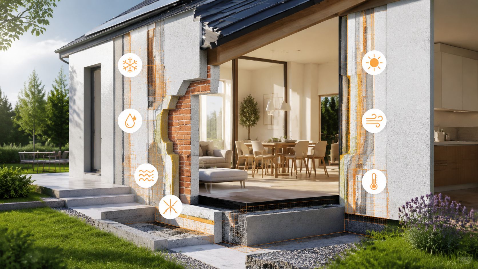 Tværsnit af et energieffektivt hus med isolering og ikoner for vejrforhold vist i en moderne have.