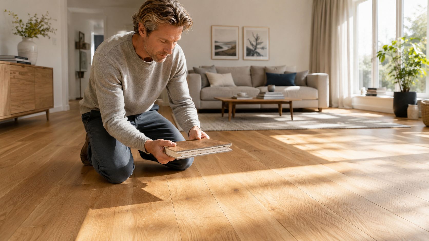 En mand installerer trægulv i en lys og moderne stue med minimalistisk indretning og naturligt dagslys.