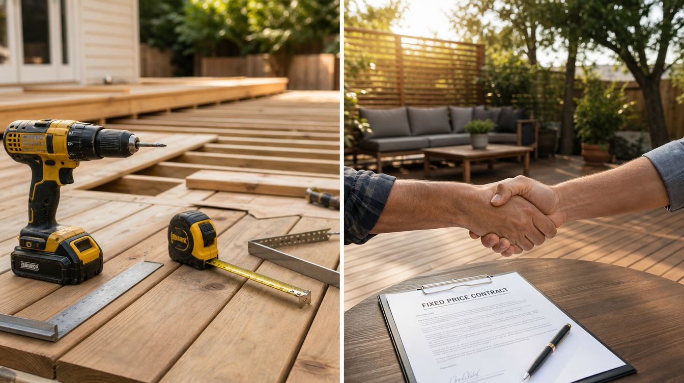 En håndværker arbejder på en træterrasse, efterfulgt af en kontraktunderskrivelse for et fast prisaftale projekt.