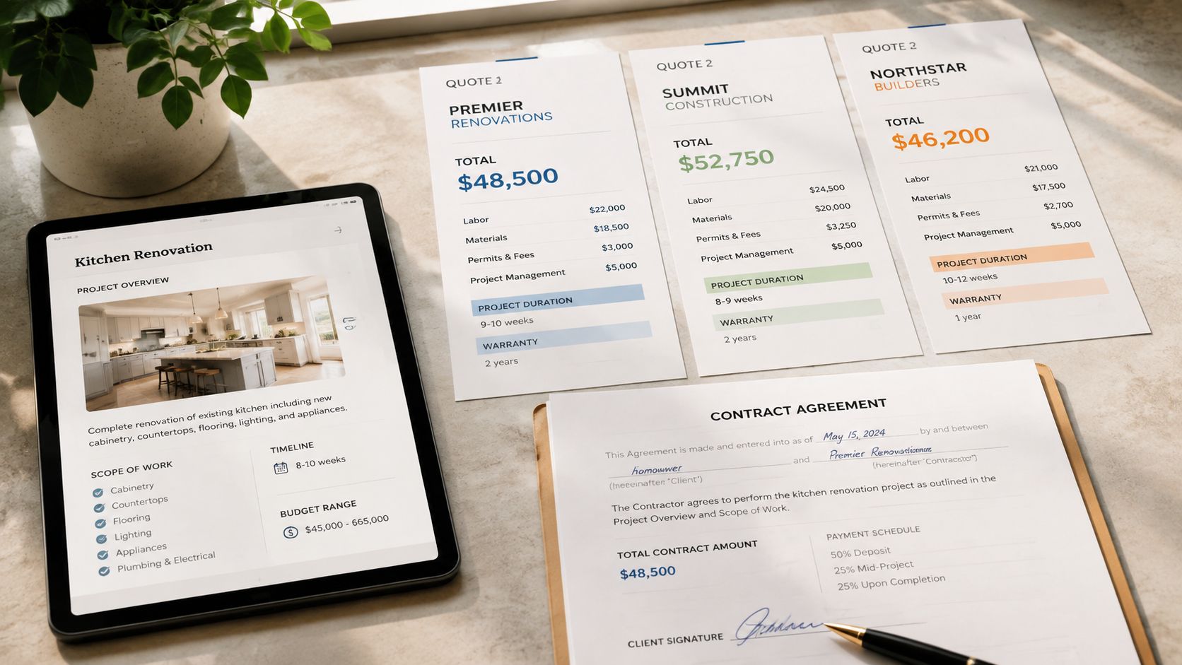 Et skrivebord med en tablet, pristilbud fra tre forskellige byggefirmaer og en underskrevet kontrakt om køkkenrenovering.