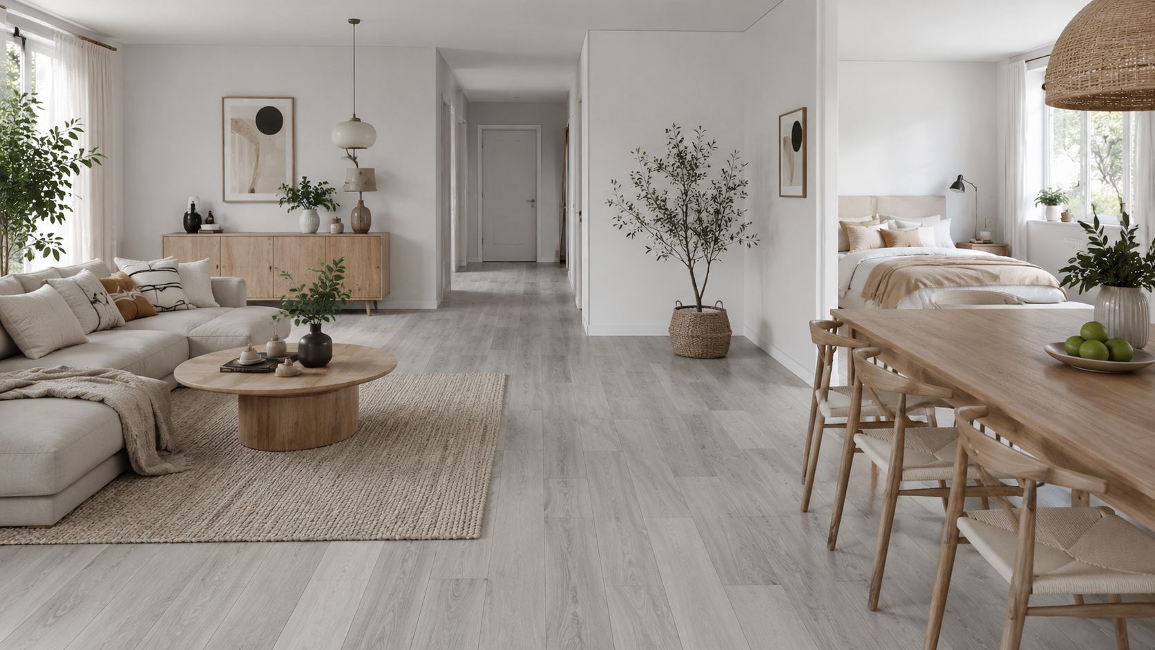 En lys og moderne stue med åben planløsning, beige sofa, træmøbler og elegante grå trægulve i hjemmet.