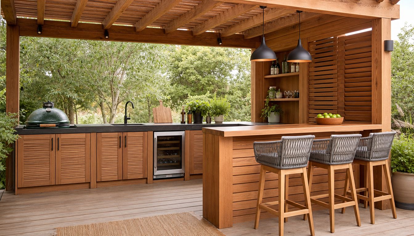 Et moderne udekøkken med træskabe, barstole og en grill under en smuk overdækket terrasse i en have.