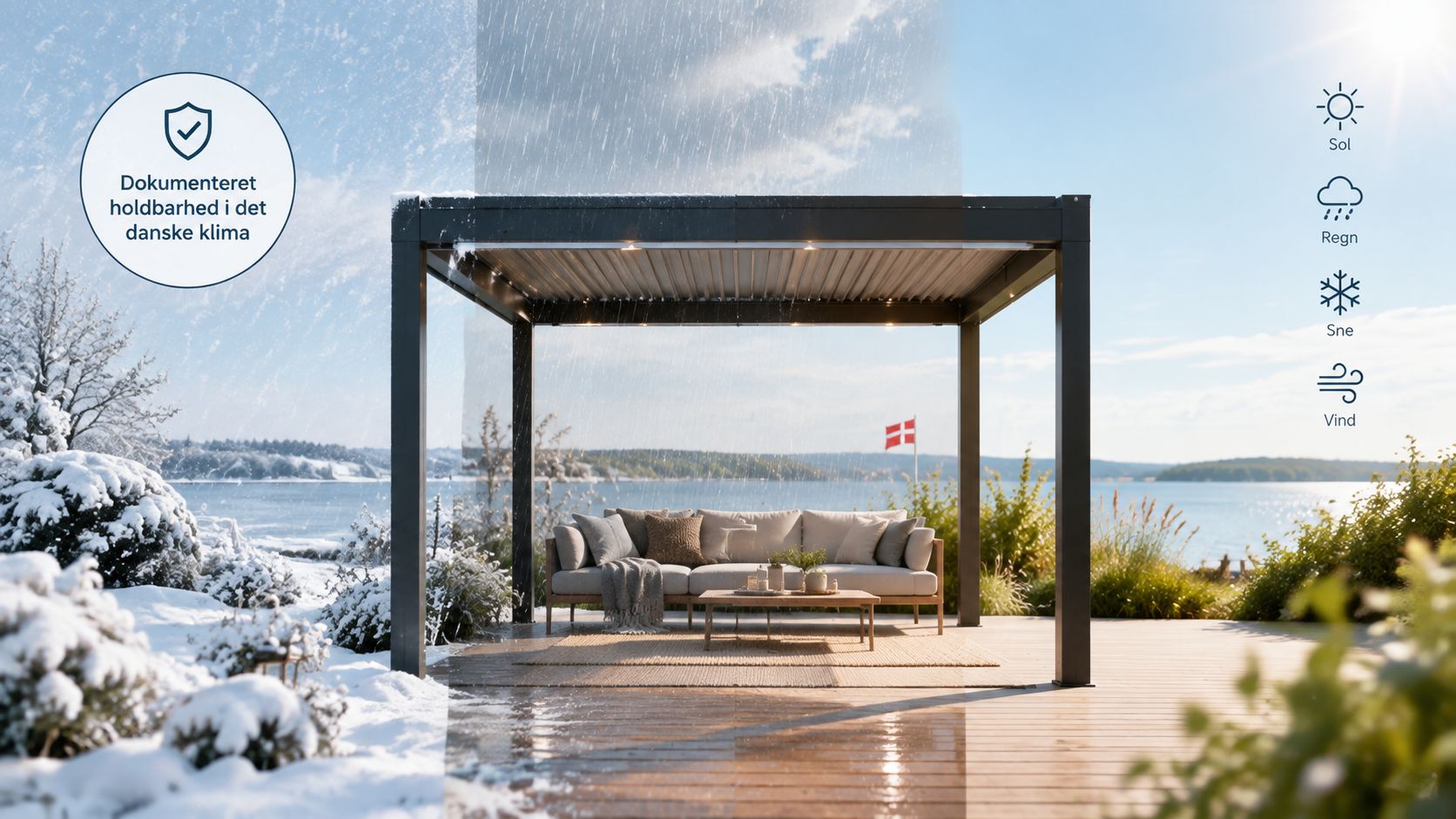 Moderne sort pergola placeret på en træterrasse med udsigt over vandet under skiftende danske vejrforhold.