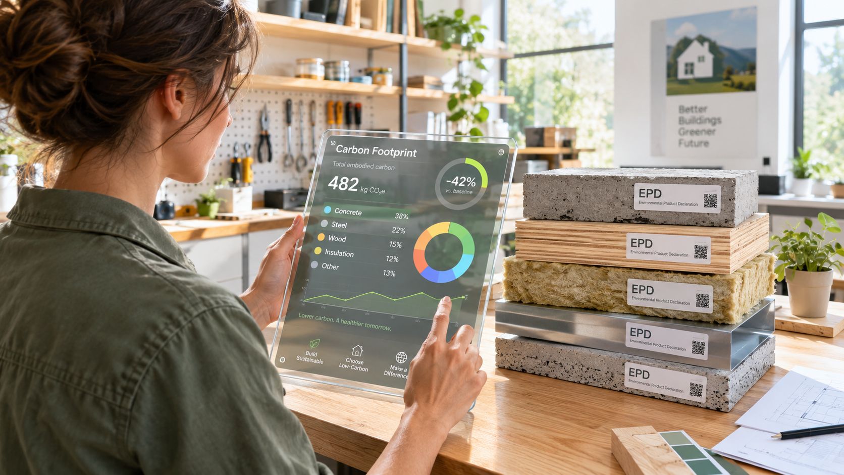 En person bruger en gennemsigtig tablet til at analysere CO2-aftrykket af forskellige bæredygtige byggematerialer på et skrivebord.