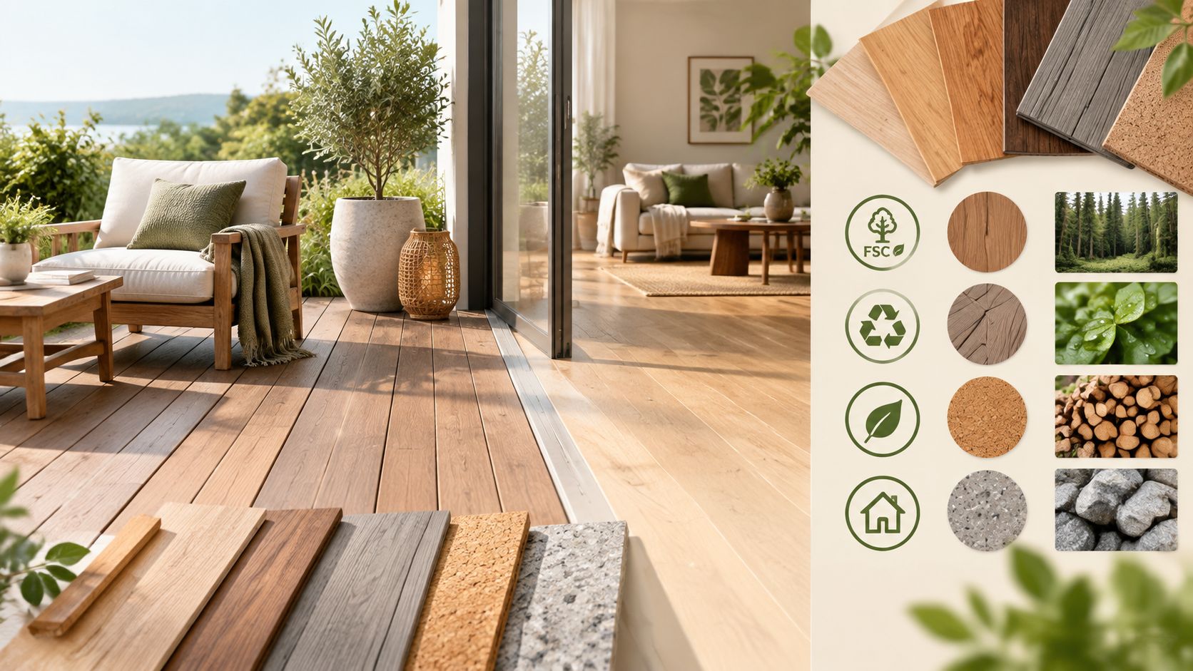Eksempel på bæredygtige byggematerialer som træ og kork vist på en moderne terrasse med udsigt til stuen.