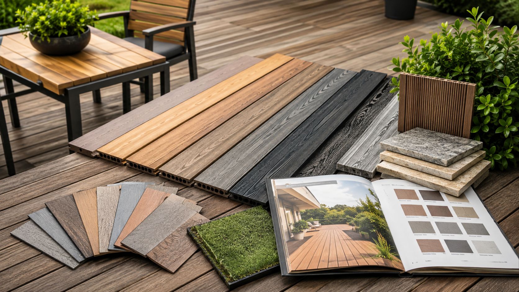 Prøver af terrassebrædder i forskellige farver og materialer lagt frem på en træterrasse til inspiration.