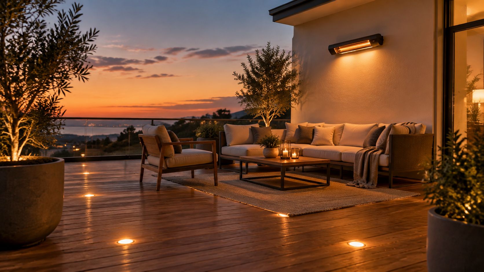 Hyggelig terrasse lounge indrettet med komfortable møbler, varm belysning og en smuk udsigt over solnedgangen ved havet.