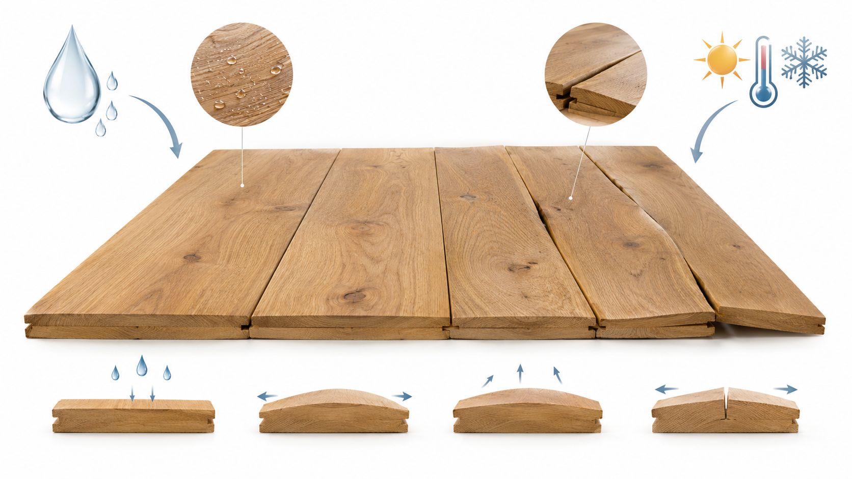 Illustration af brede plankegulve, der viser hvordan træ påvirkes af fugt og temperaturændringer gennem udvidelse og sammentrækning.